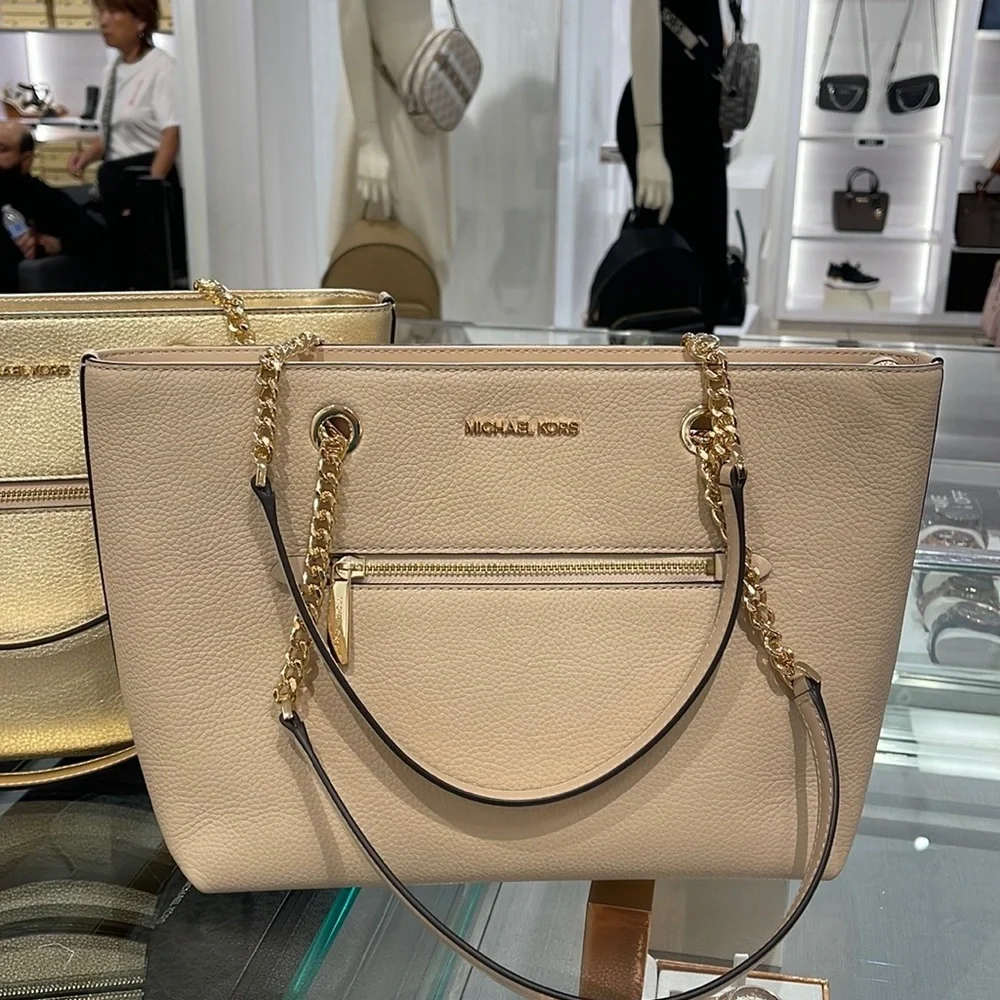 MICHAEL KORS Jet Set Medium Front Zip Pebbled Leather Chain Tote Bag Buff NWT